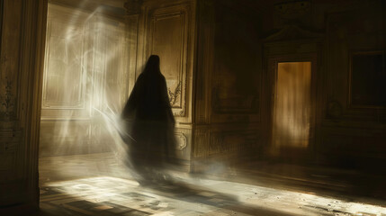 A ghostly figure lurks in the shadows, its presence chilling.
