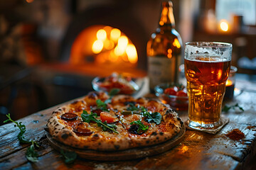 Pizza with beer on a wooden table in a pub. Restaurant