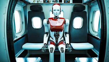 A sleek red and white humanoid robot seated inside a futuristic aircraft cabin, appearing ready for an in-flight demonstration.. AI Generation
