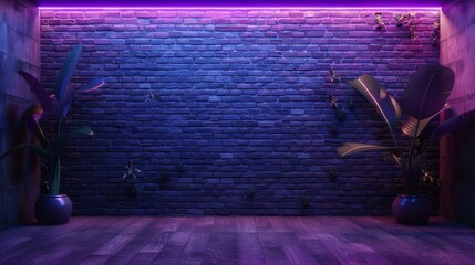 There is nothing in this room but brick walls, neon lights, and a purple plant.