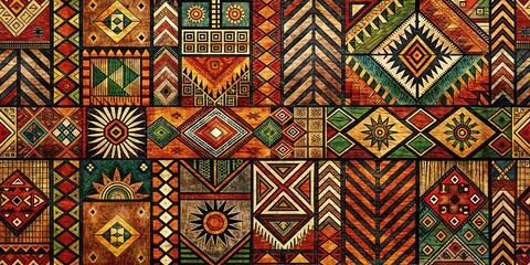 Abstract African tribal patterns in earth tones on a rustic background
