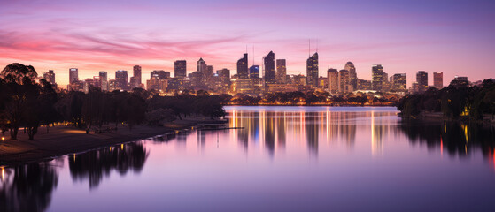 Obraz premium Urban Twilight: Serene Cityscape Reflection Panorama