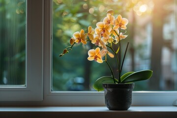 Orchid flower in pot on windowsill, beautiful tropical phalaenopsis, orchid on blurred background