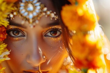 A beautiful Indian bride wearing an orange and yellow sari adorned with intricate floral patterns has her face painted white for the wedding ceremony.