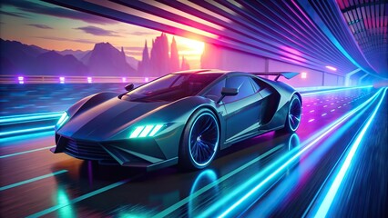 Futuristic sports car on a colorful neon-lit road showcasing its powerful acceleration
