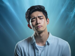 Azure background sad asian man realistic person portrait of young teenage beautiful bad mood expression boy Isolated on Background depression anxiety fear burn out health issue problem mental 