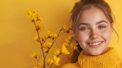 Fototapeta premium Joyful Central European Young Woman Painting Tree Cutout with Smile Against Yellow Background - Realistic Advertising Image