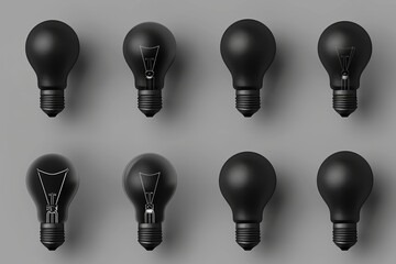 3d black light bulbs, lamp icon set, lightbulbs isolated, render style minimal light bulbs, creativity idea