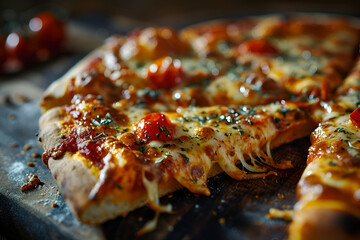 Pizza with mozzarella cheese. tomatoes and oregano on a wooden board