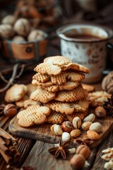 Nut cookies, walnut biscuits, butter cookies, crackers pile in shape of flowers, snowflakes, stars, round shortbread