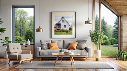 Modern interior poster mockup with house background