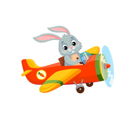 Cartoon bunny animal on plane. Isolated vector grey baby rabbit pilot commands a whimsical aircraft, designed with a playful carrot emblem, embodying the spirit of adventure and childhood imagination