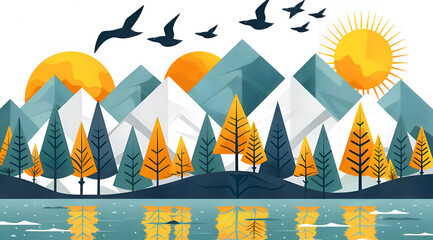 A beautiful landscape with mountains, trees, and a lake. The sky is filled with birds flying in different directions