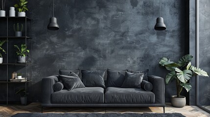 The image shows a living room with a dark blue wall, a gray sofa, and a few plants. The room is modern and stylish.