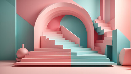 3D rendering of a pink and blue abstract geometric structure