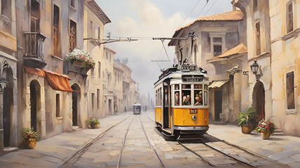 Fototapeta premium Tram in old city, oil paintings landscape.