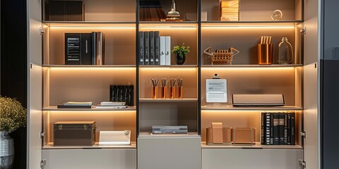 A modern bookcase with LED lights, in a beige and white color combination, show office supplies such as pens, books, papers, and digital devices. Generative AI.