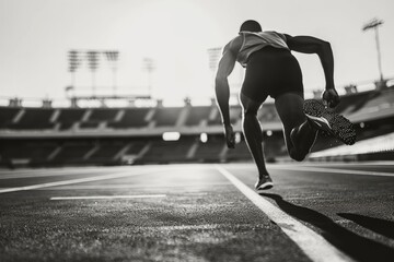 African runner athlete running at the stadium - Black and white filter - Focus on the ground,...