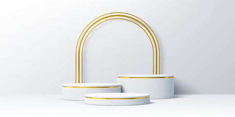 White podium with golden arch and round base stage. Realistic 3d vector elegant display setup with three cylindrical scenes accentuated with gold stripes and arching backdrop for showcasing products
