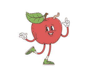 Groovy retro cartoon red apple fruit character, vector funky comic hippie art. 70s groovy cartoon funny apple with worm and happy smile on face, positive emotion and silly emoji in hipster shoes