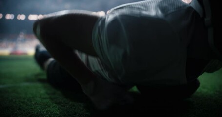 American Football Player Scoring a Touchdown with a Dynamic Jump in a Championship Game. Exciting Moment Captured in Cinematic Slow Motion. Male Athlete in Action, Stadium Crowd Cheering in Background - Powered by Adobe