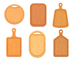 Wooden kitchen chopping boards. Vector set of cutting boards of different shapes and sizes. Made of high-quality wood grain with distinct patterns. Round, rectangular tray, a paddle-shaped utensils