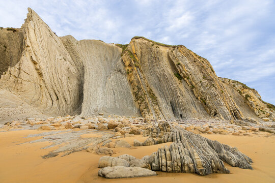 Erosive rock formations, Portio Beach. Costa Quebrada Geopark, Cantabria, Spain.