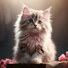 Cute kitten sitting on wooden box with flowers