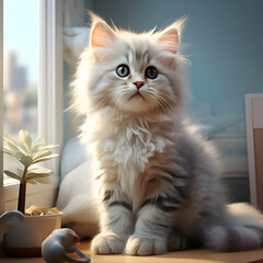 Cute persian cat sitting on the windowsill and looking out the window