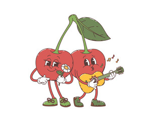 Cartoon retro groovy cherry twins character. Vector cheerful berries connected by a leafy stem, one serenading with a guitar, the other bashfully clutching a flower, with musical notes floating in air