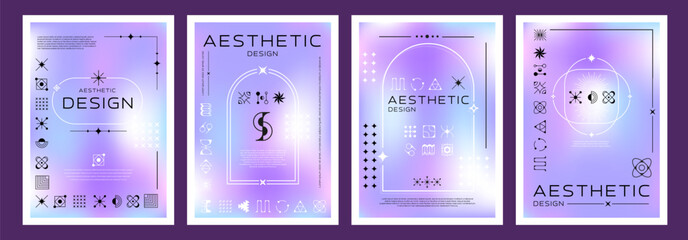 Modern aesthetic gradient y2k posters, abstract blur background with vector line frames and trendy minimalist symbols. Blue pastel gradient web banner, social media post or cover templates