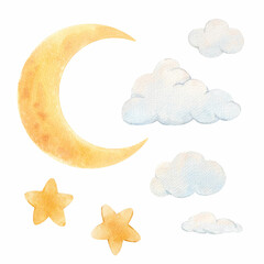 Beautiful childish watercolor hand drawn set with cute moon with clouds and stars. Kid's clipart print. Stock baby illustration.