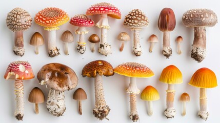 Mosaic of Vibrant Mushrooms on White Background - Captivating Fungi Arrangement for Food and Nature Concepts