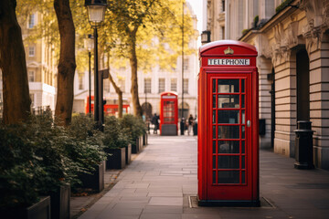 Iconic Red Telephone Booths Lining a London Street