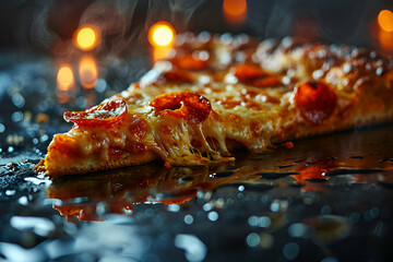 Slice of pizza on black background with burning candles in the background