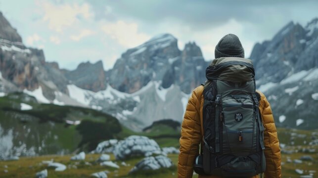 A man hiking in the mountains with a smart backpack that monitors altitude temperature and distance traveled to provide a comprehensive fitness analysis.