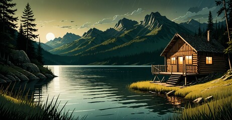 Fototapeta premium cabin house lodge by creek river in woods and mountains under sky and clouds at sunset in summer. home by in nature forest meadow prairie. 