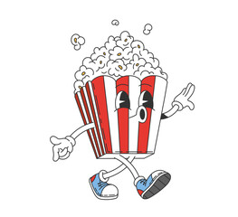 Movie groovy popcorn bucket character with a lively face expression. Isolated cartoon vector pop corn box personage, decorated in classic red and white stripes, wearing retro with sneakers and gloves