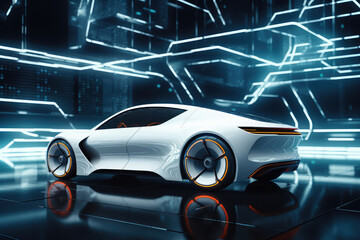 Futuristic Concept Car in a Virtual Reality Showroom