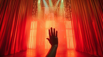 Unveiling the Stage: Dramatic Human Hand Opening a Rich Red-Coral Curtain with Anticipation at a Concert Venue