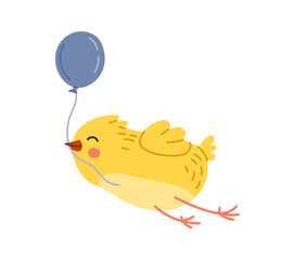 Cute chick baby bird cartoon character soars through the sky by a balloon, exudes joy, fun and innocence. Isolated vector funny little hen personage ready for spring Easter holiday celebration