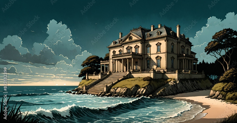 Wall mural palace mansion by blue ocean beach in green tropical forest woods under blue sky and clouds in summe - Wall murals