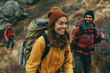 People hiking in mountains, enjoying active rest and breathtaking views