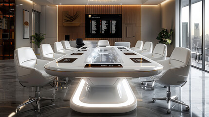 An innovative multi-media table with integrated high-definition projector and whiteboard to improve collaboration and efficiency in modern offices in near-future. Generative AI.