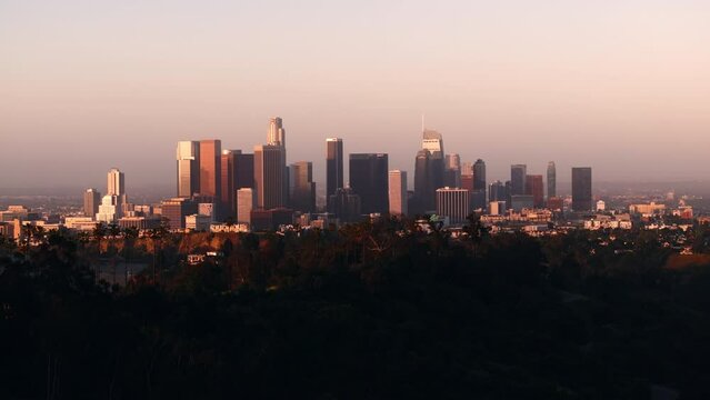 Sunrise in Downtown Los Angeles, California, scenic aerial view