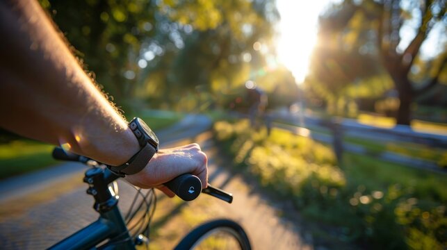 A person enjoying a bike ride with the wristband tracking their location and providing route suggestions for optimal health benefits.