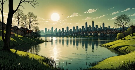 Naklejka premium city buildings on the lake river pond under sky and clouds in summer. town park by the ocean water. homes on the canal shore .