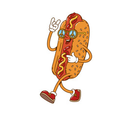 Cartoon retro groovy hot dog character. Funny fast food vintage personage, groovy cheerful street meal mascot or vintage cute isolated vector sticker. Hot dog happy character wearing hippie sunglasses