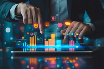 Person using tablet with graphs and symbols