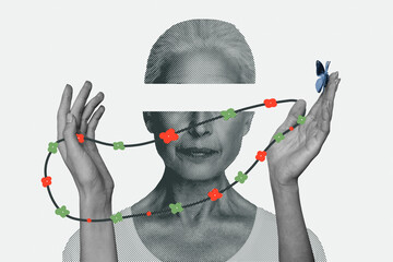Creative collage picture elderly woman hold necklace butterfly eyesight cutout eyes face fragment...